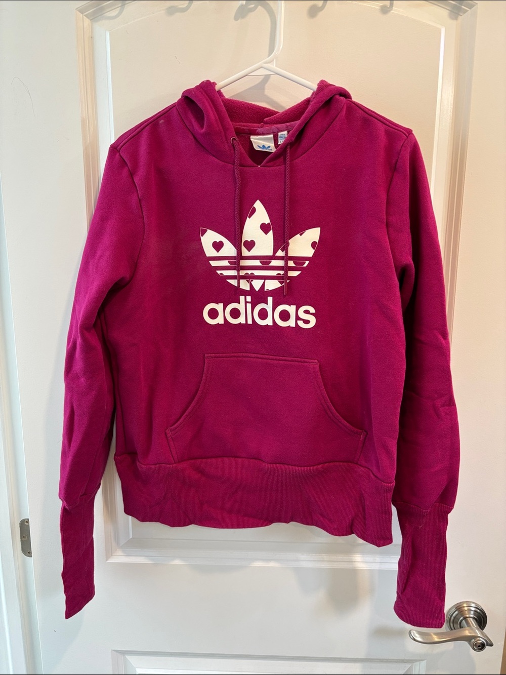 adidas Magenta Trefoil Hoodie with Heart Accents